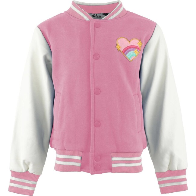 Good Vibes Varsity Bomber Jacket, Pink
