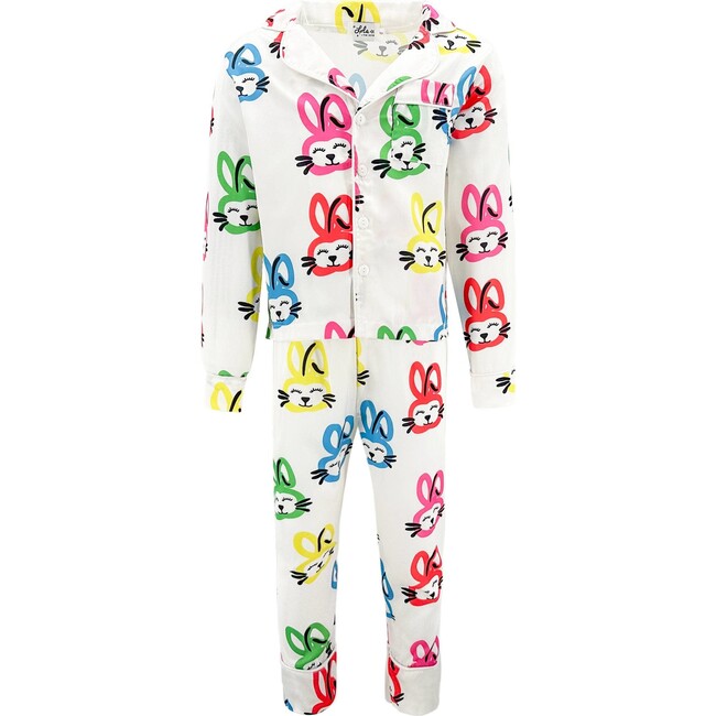 Graffiti Bunny Silk Pajamas Set, White