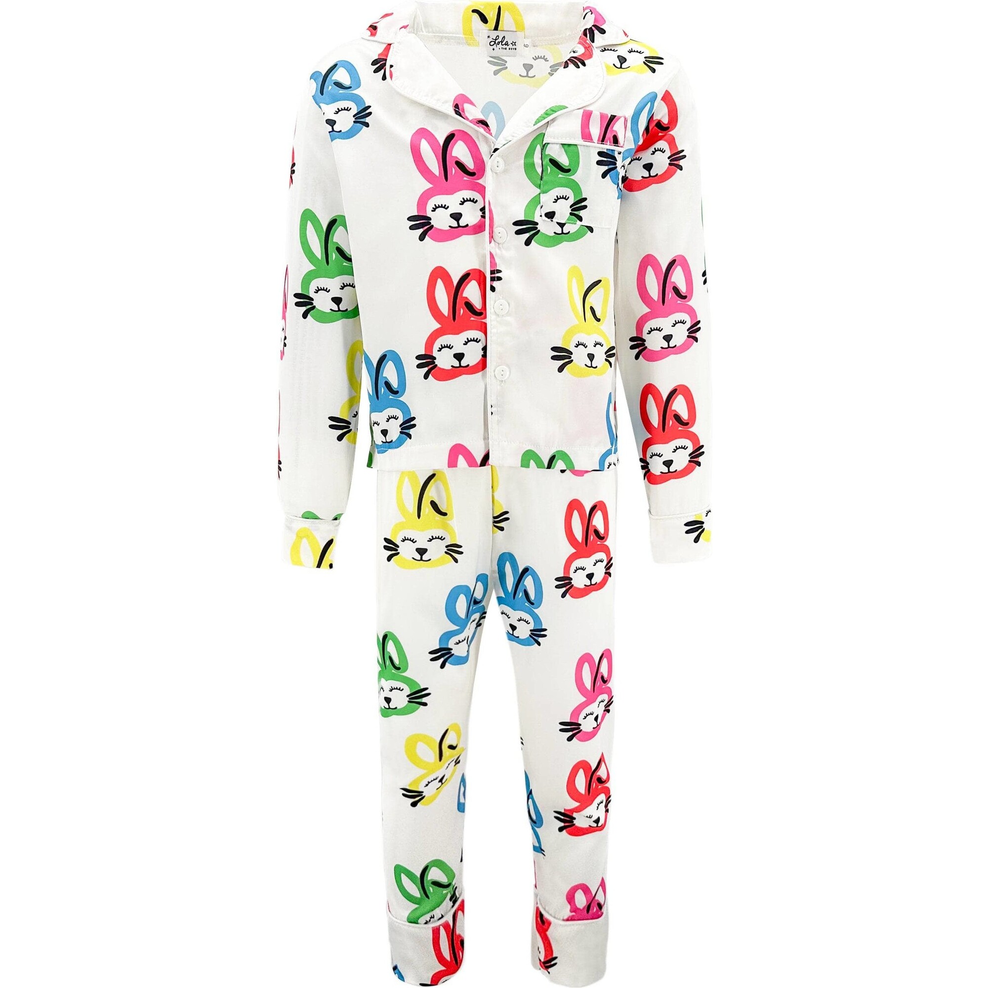 Graffiti Bunny Silk Pajamas Set, White - Loungewear - 1