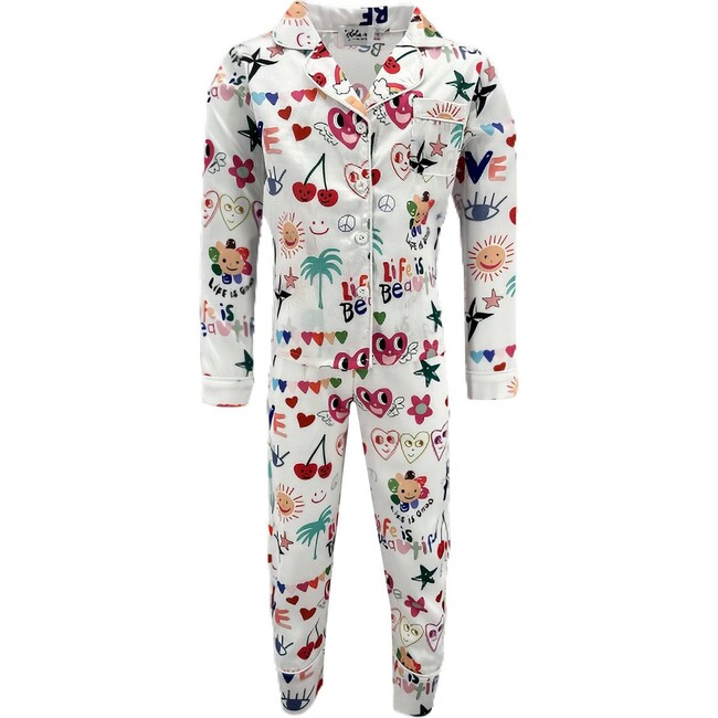 Good Vibes Print Silk Pajama Set, White