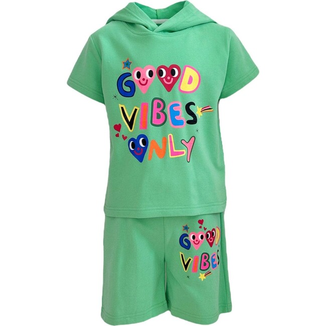 Good Vibes Only Print 2-Piece Hooded Tee & Short Set, Green