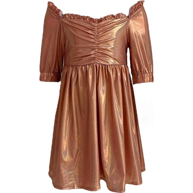 Goldie Gathered Front 3-Quarter Sleeve Metallic Dress, Metallic
