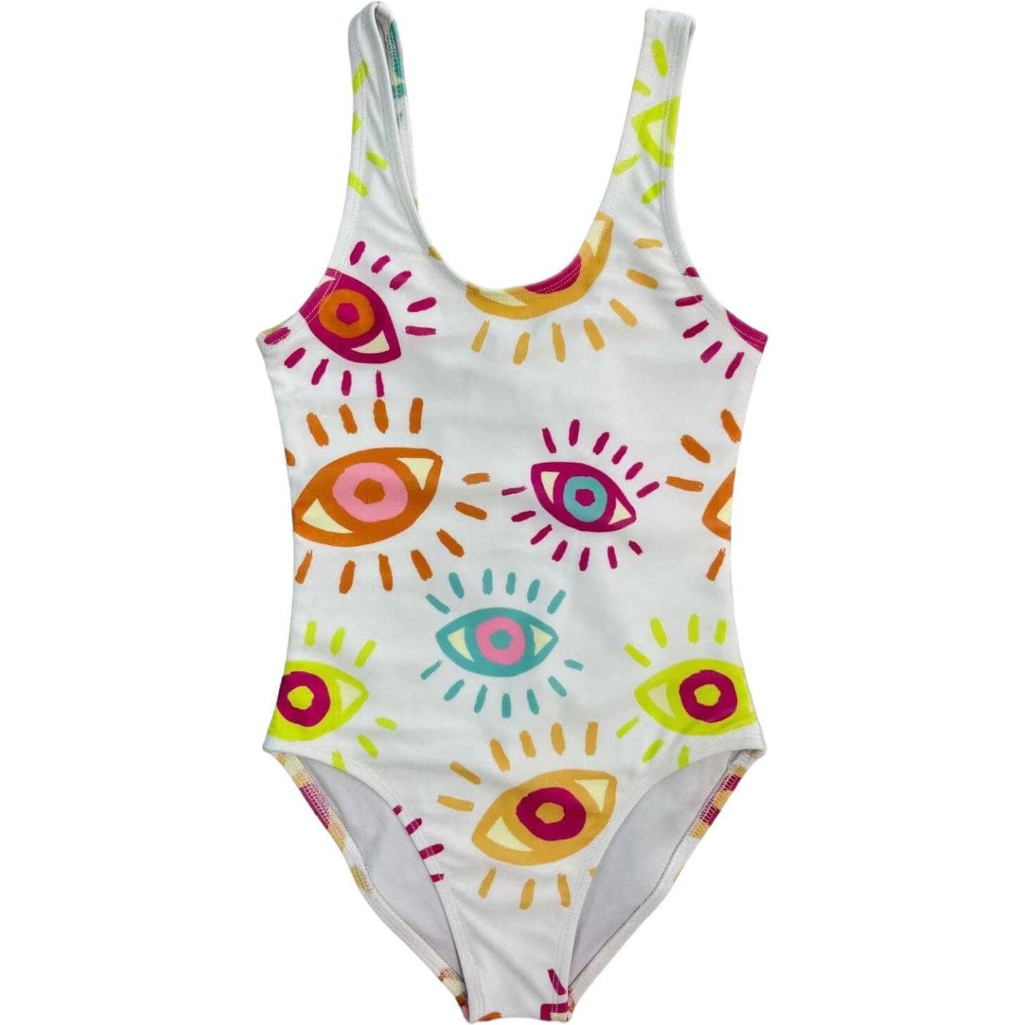 Rainbow Evil Eye Print Sleeveless Swimsuit, White - One Pieces - 1