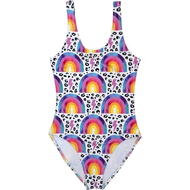 Rainbow Flash Print One-Piece Swimsuit, White