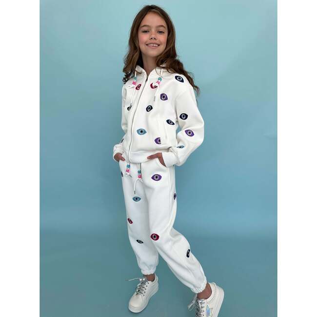 Rainbow Evil Eye Applique 2-Piece Jogger Set, White - Mixed Apparel Set - 2