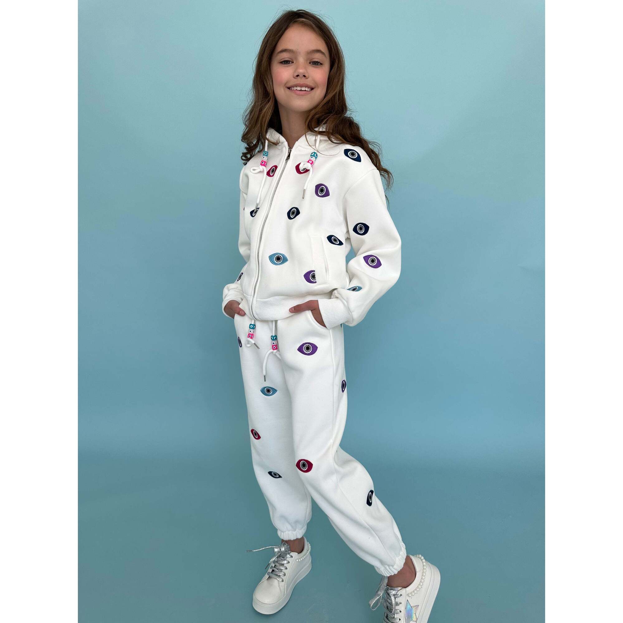 Rainbow Evil Eye Applique 2-Piece Jogger Set, White - Lola +