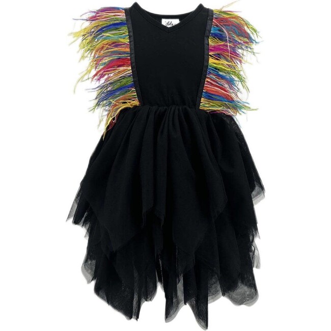 Gigi Feather Sleeve Tired Tulle Dress, Black & Rainbow
