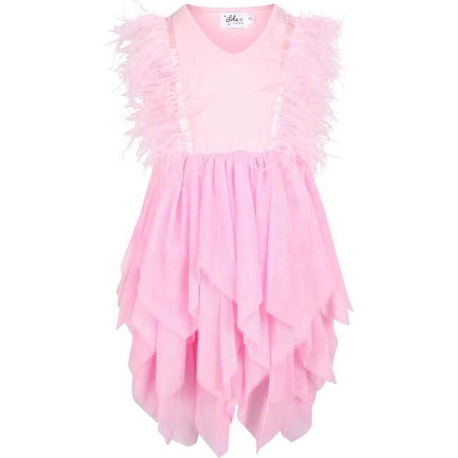 Gigi Feather Sleeve Tired Tulle Dress, Bubble Gum Pink