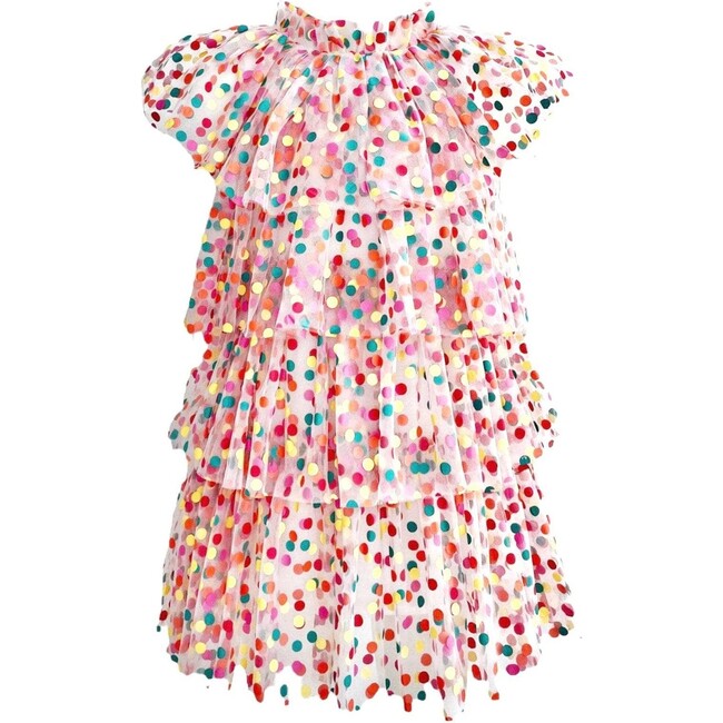 Rainbow Confetti Close Neck & Tired Ruffle Tulle Dress, Dots