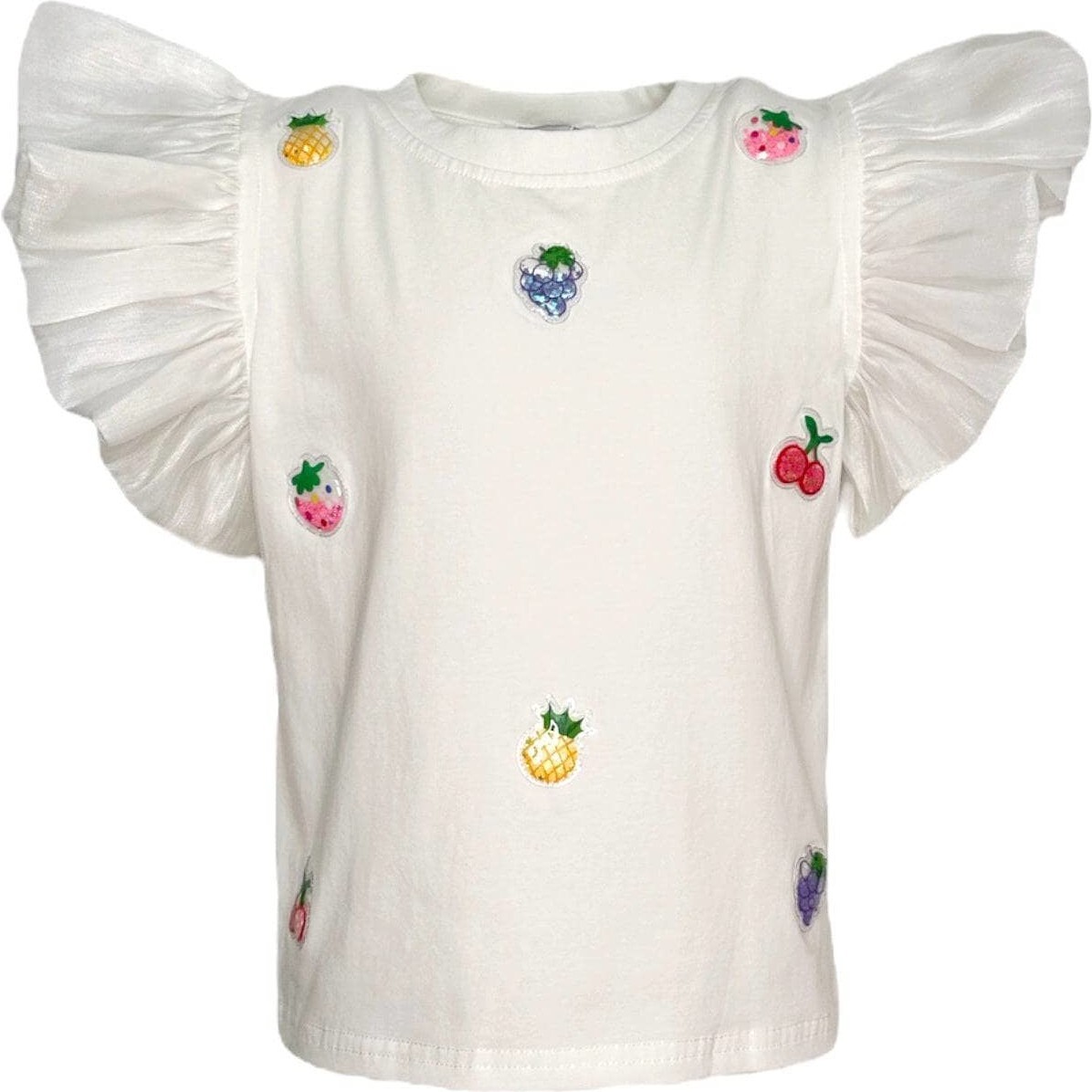 Fruity Fun Sequins Ruffle Sleeve Tee, White - Shirts - 1