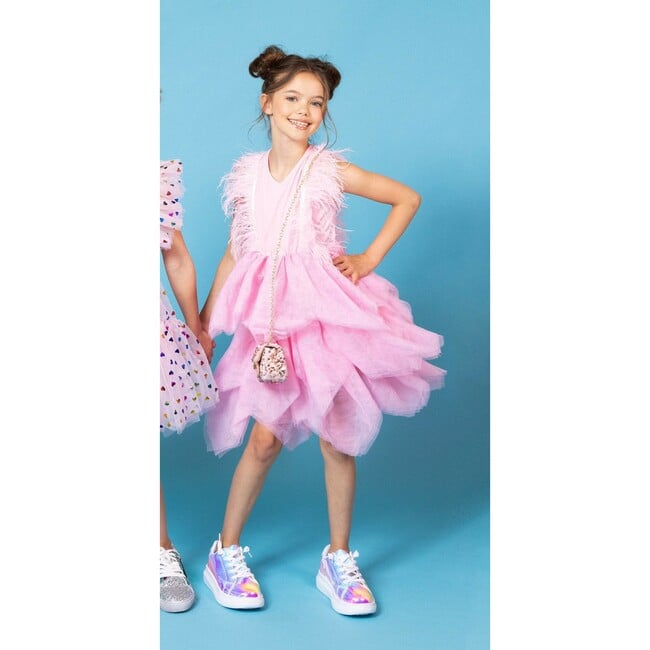 Gigi Feather Sleeve Tired Tulle Dress, Bubble Gum Pink - Dresses - 3