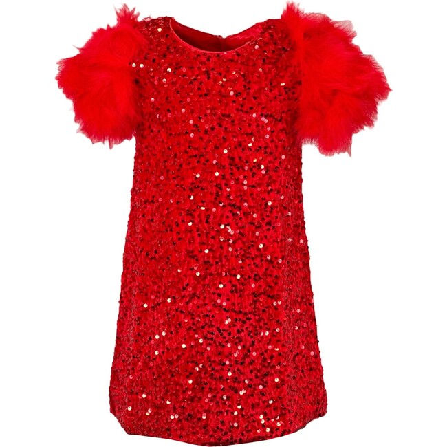 Feather Puff Sleeve Sequin Party Short Dress, Ruby