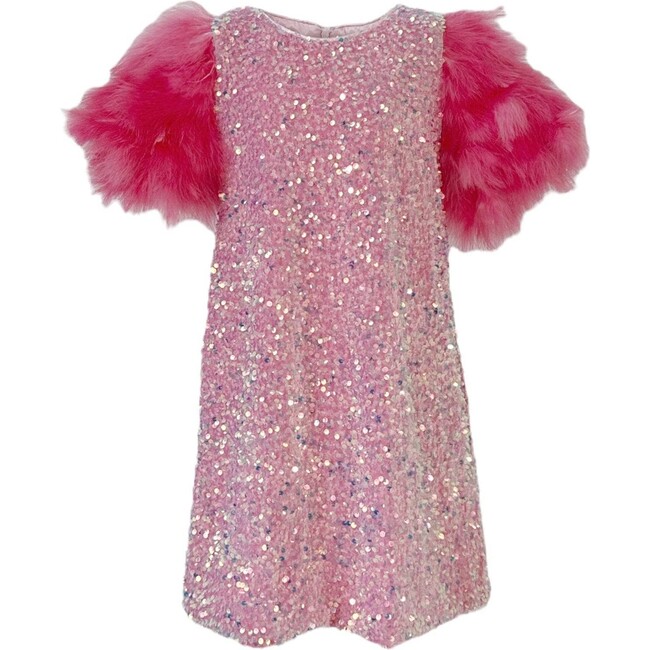 Feather Puff Sleeve Sequin Party Dress, Rose