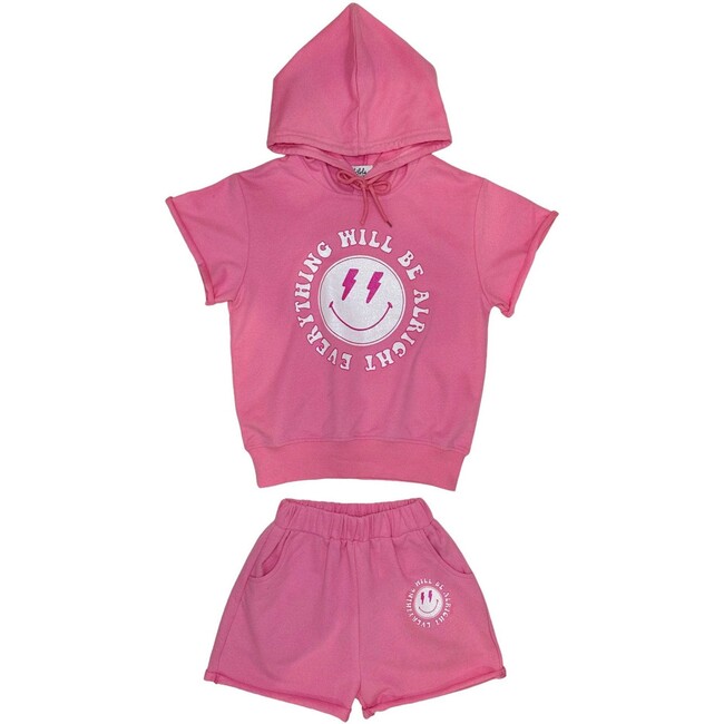 Everything Will Be Alright Print 2-Piece Hooded Tee & Short Set, Pink