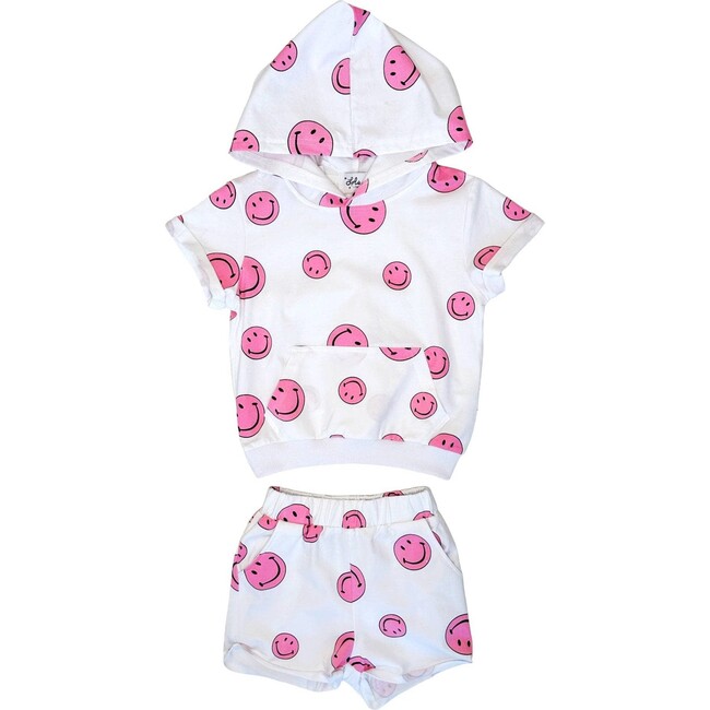 Emoji Print 2-Piece Hooded Tee & Short Set, White