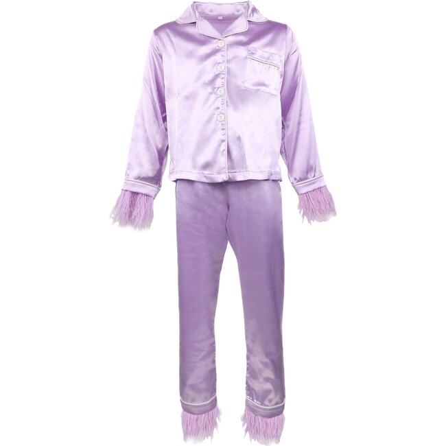 Feather Trim Cuff Silk Pajamas Set, Lavender