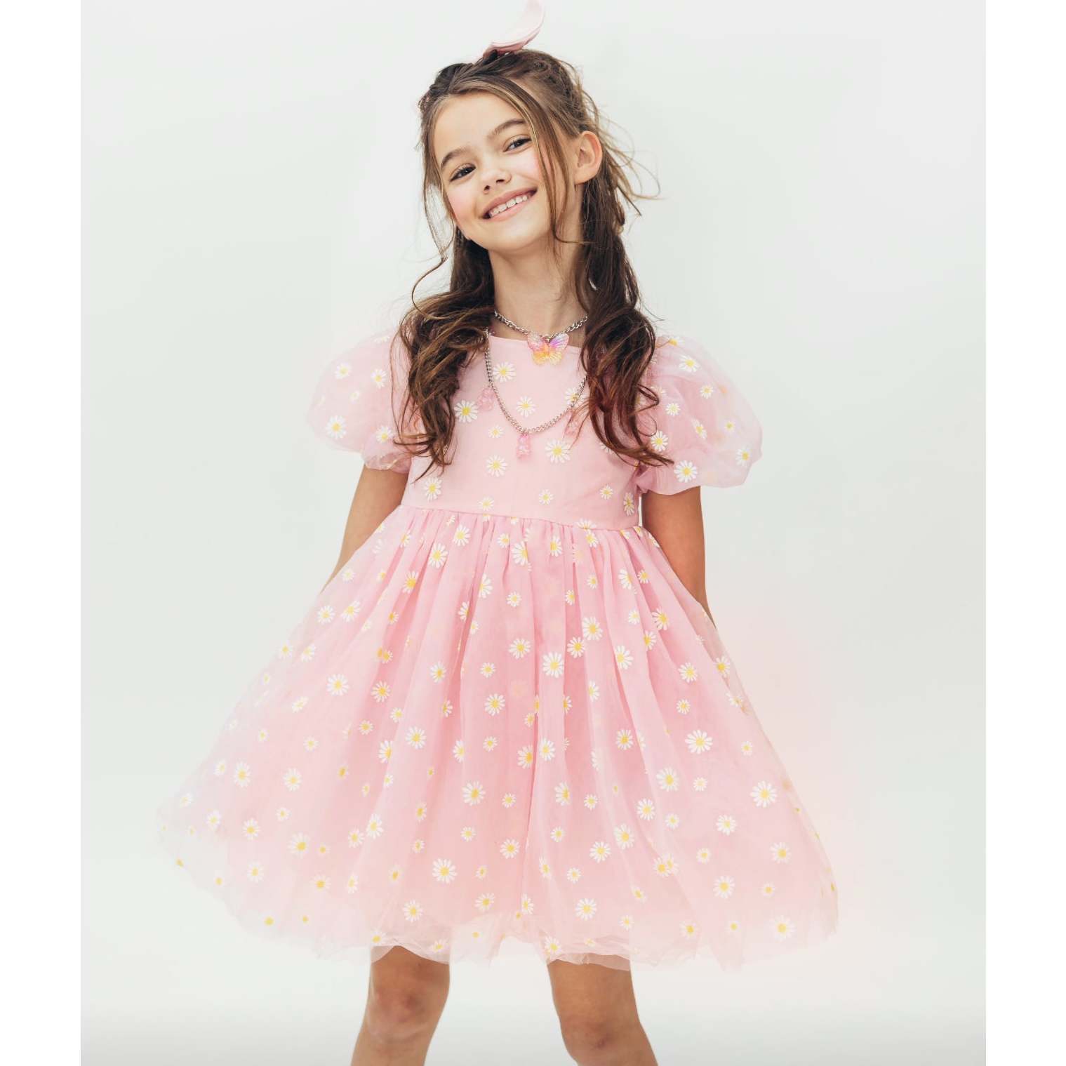 Daisy Short Puff Sleeve Tulle Dress, Pink - Lola + The Boys