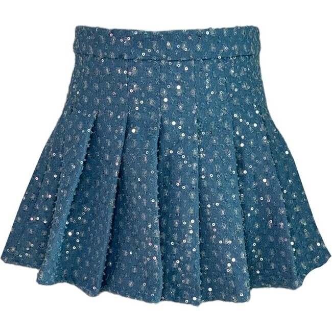Denim Sparkle Pleated Short Skirt, Blue