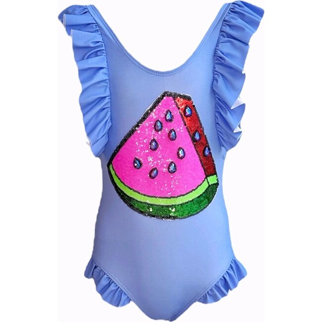 Crystal Watermelon Ruffle Shoulder One-Piece Swimsuit, Blue
