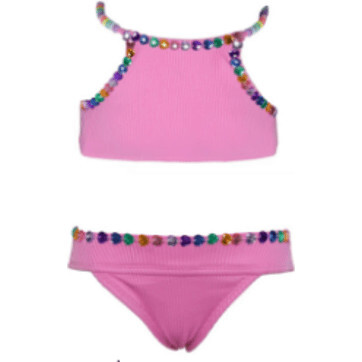 Heart Gem Trim Sleeveless Bikini, Pink - Two Pieces - 1