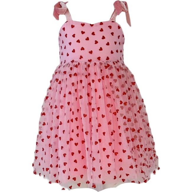 Hearts Applique Tie Shoulders Tank Dress, Pink