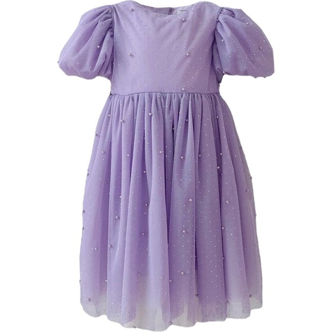Crystal Pearl Short Puff Sleeve Tulle Dress, Lavender