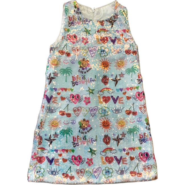 Happy Doodle Sleeveless Sequin Dress, Prints