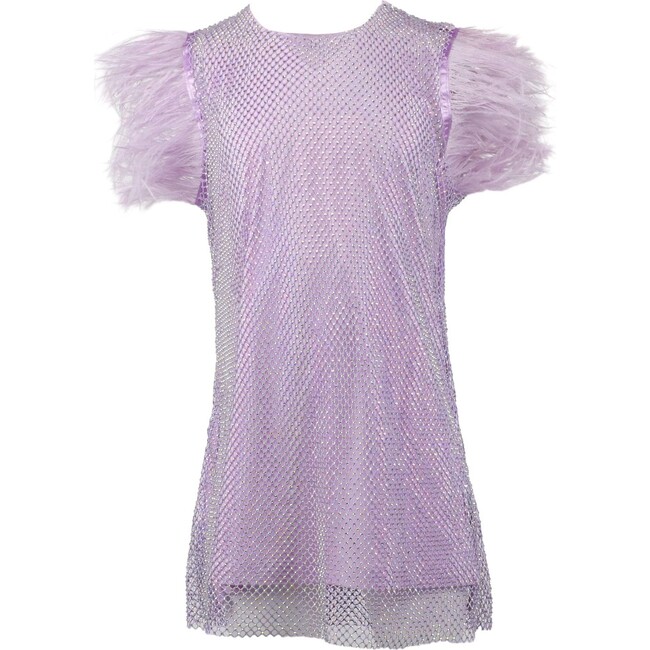 Crystal Feather Trim Sleeve Shimmer Sequin Dress, Lavender