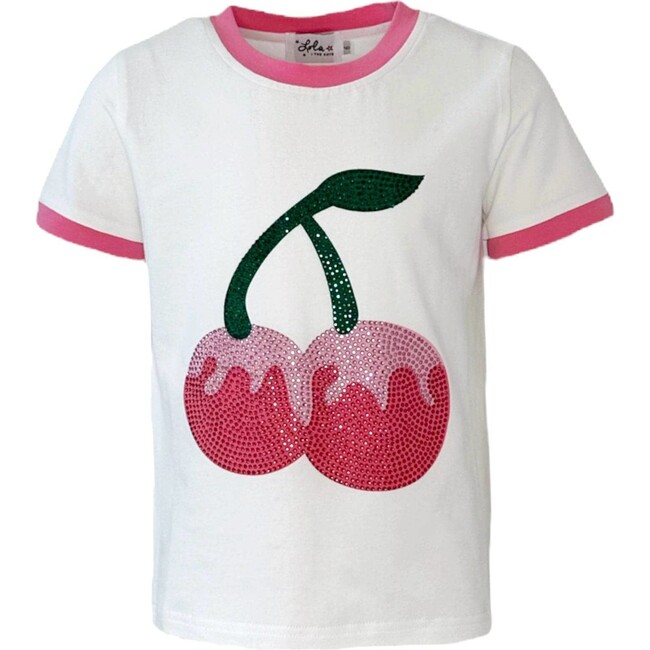Crystal Cherry Piped Crew Neck Tee, White & Pink