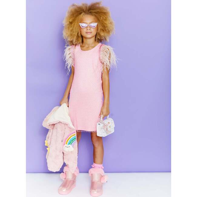 Crystal Feather Trim Sleeve Shimmer Sequin Dress, Pink2 - Dresses - 2