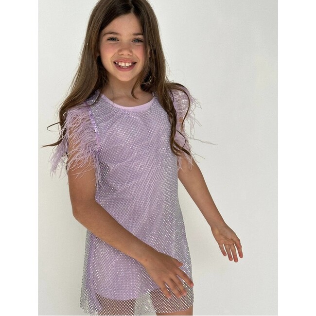 Crystal Feather Trim Sleeve Shimmer Sequin Dress, Lavender
