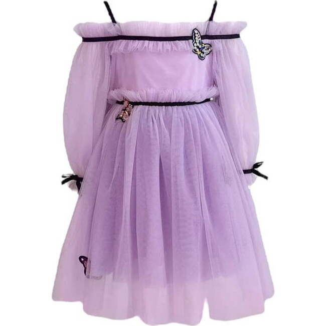 Butterfly Dream Off-Shoulder Full Sleeve Tulle Dress, Lavender