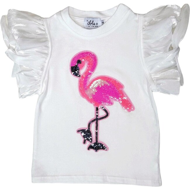 Beaded Flamingo Ruffle Sleeve T-Shirt, White