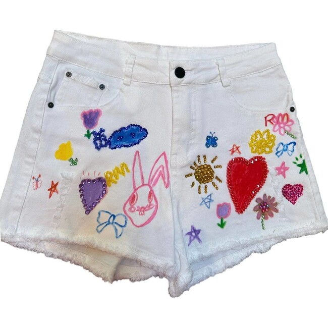 Art Crystal Frayed Hem Denim Shorts, Blue - Shorts - 1