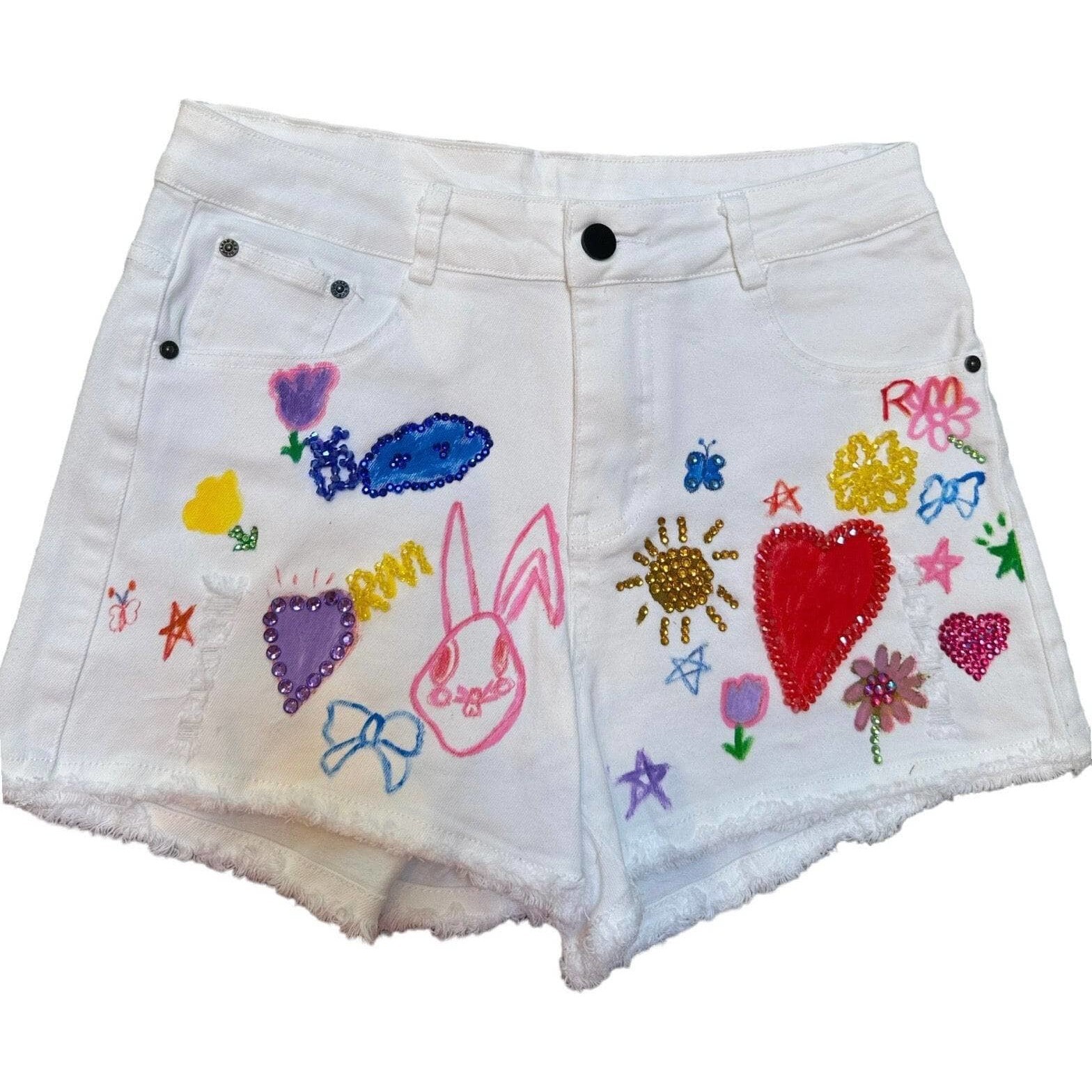 Art Crystal Frayed Hem Denim Shorts, Blue - Shorts - 1