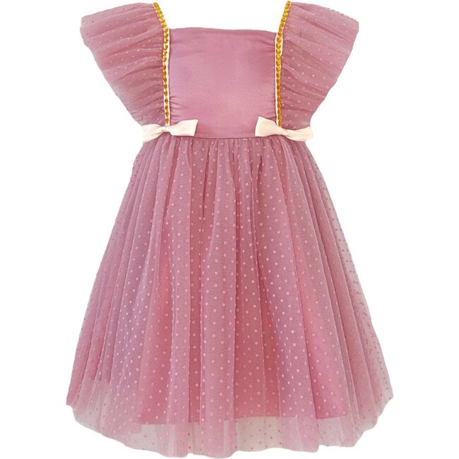 Aurora Tulle Ruffle Shoulder Bow Waist Party Dress, Pink