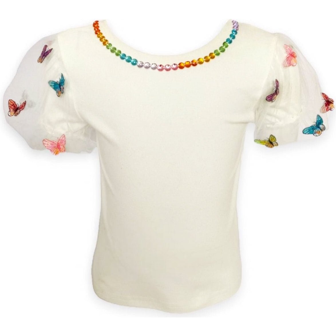 3D Rainbow Butterflies Puff T-Shirt, White - Shirts - 1