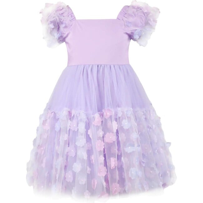 3D Flower Short Puffy Sleeve Dress, Purple - Dresses - 1
