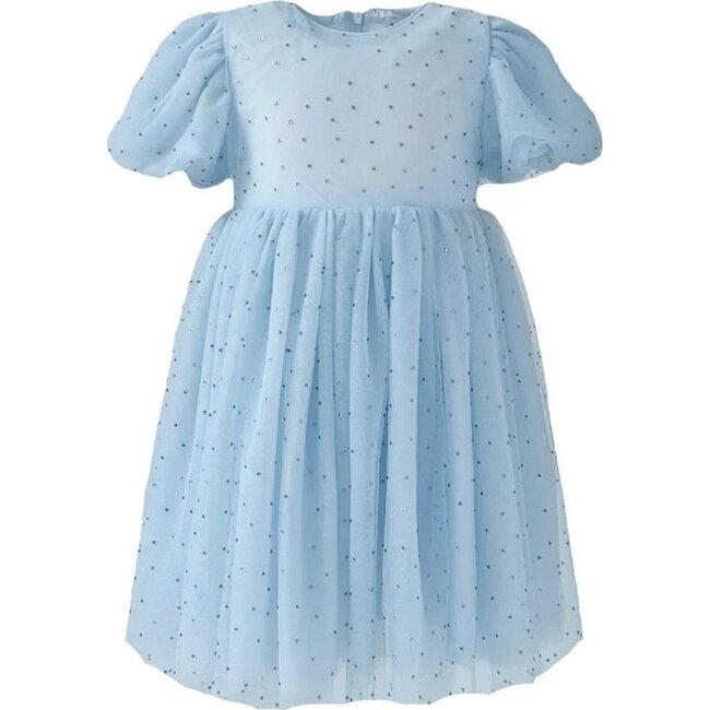 Magic Sky Crystal Short Puff Sleeve Tulle Dress, Blue