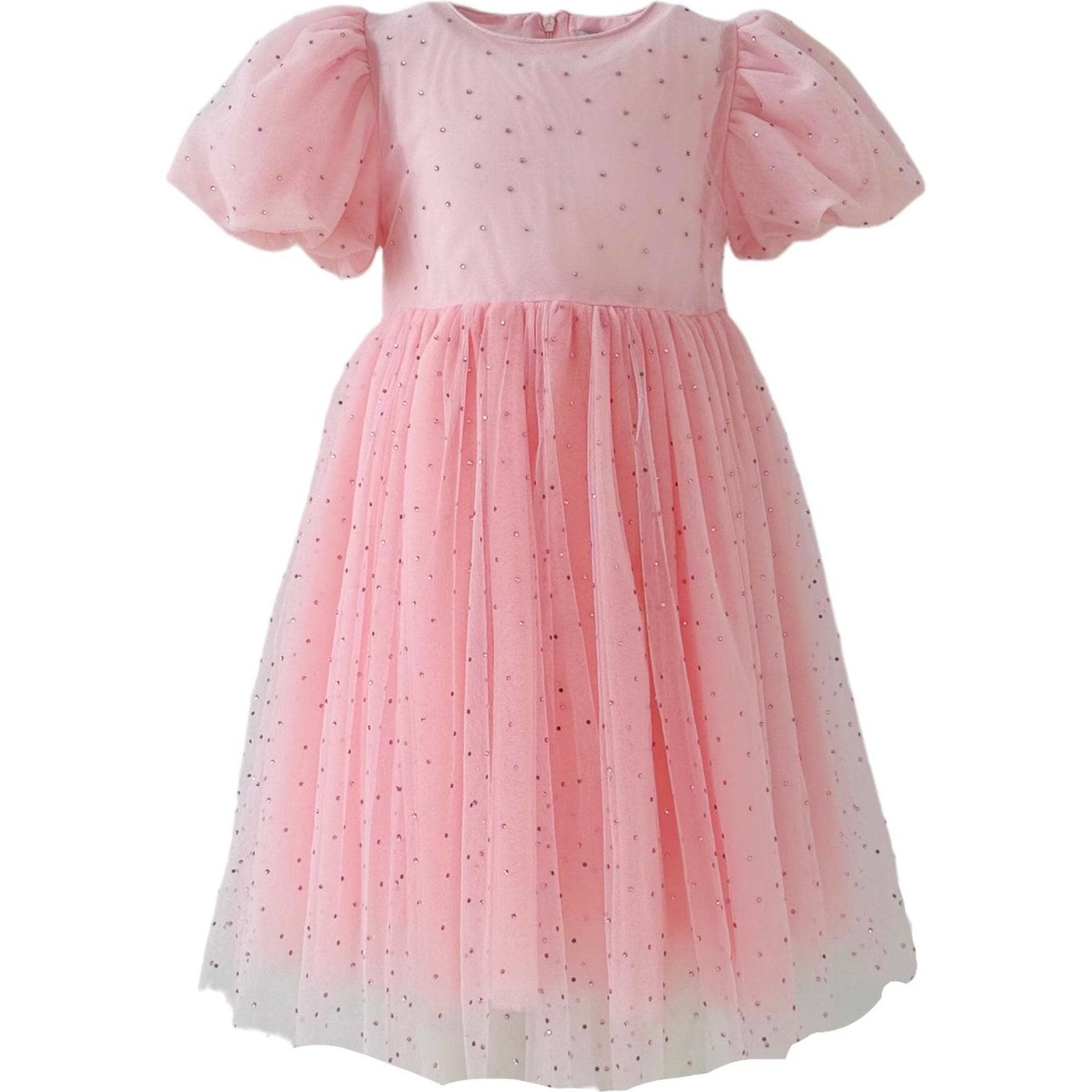 Magic Crystal Short Puff Sleeve Dress, Pink - Dresses - 1