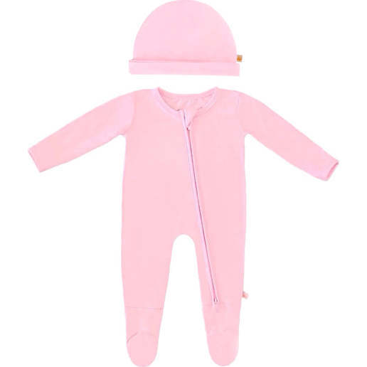 Bamboo Solid Footed Zippered Onesie & Baby Beanie Cap Set, Pastel Pink