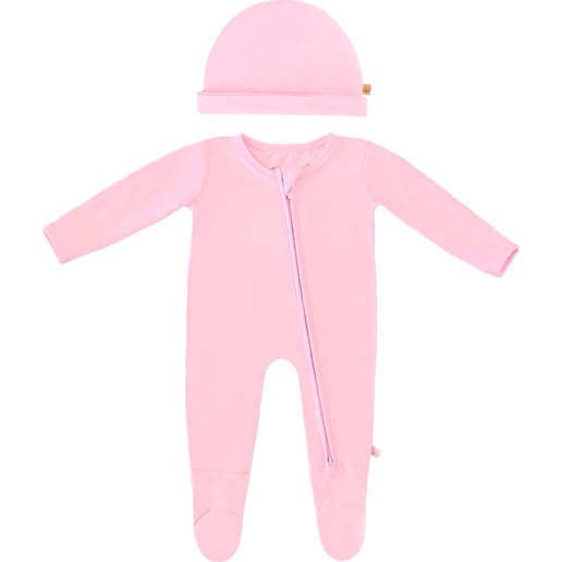 Bamboo Solid Footed Zippered Onesie & Baby Beanie Cap Set, Pastel Pink - Mixed Apparel Set - 1