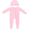 Bamboo Solid Footed Zippered Onesie & Baby Beanie Cap Set, Pastel Pink - Mixed Apparel Set - 1 - thumbnail