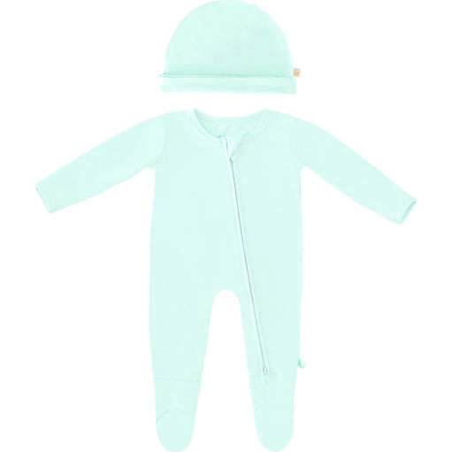 Bamboo Solid Footed Zippered Onesie & Baby Beanie Cap Set, Pastel Mint Ice