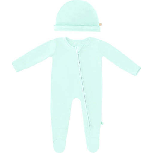 Bamboo Solid Footed Zippered Onesie & Baby Beanie Cap Set, Pastel Mint Ice - Mixed Apparel Set - 1