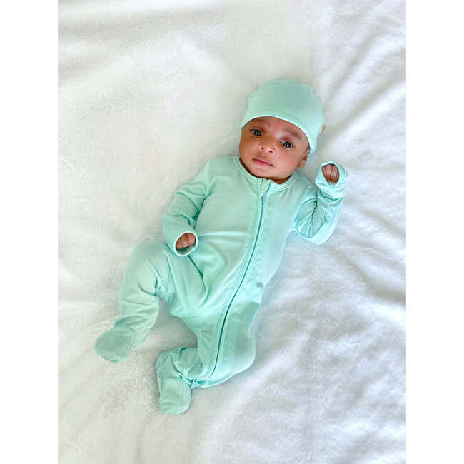 Bamboo Solid Footed Zippered Onesie & Baby Beanie Cap Set, Pastel Mint Ice - Mixed Apparel Set - 2