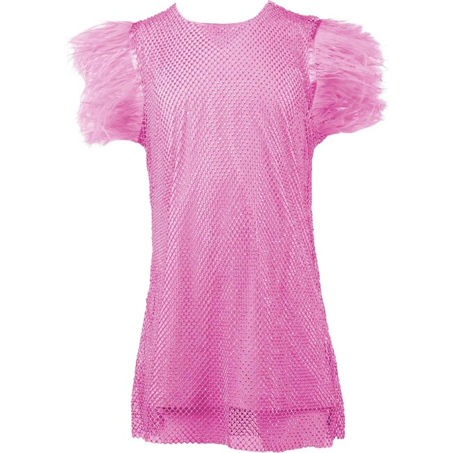 Crystal Feather Trim Sleeve Shimmer Sequin Dress, Pink