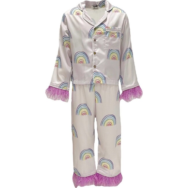 Rainbow Feather Trims Silk Pajama Set, White