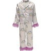 Rainbow Feather Trims Silk Pajama Set, White - Loungewear - 1 - thumbnail