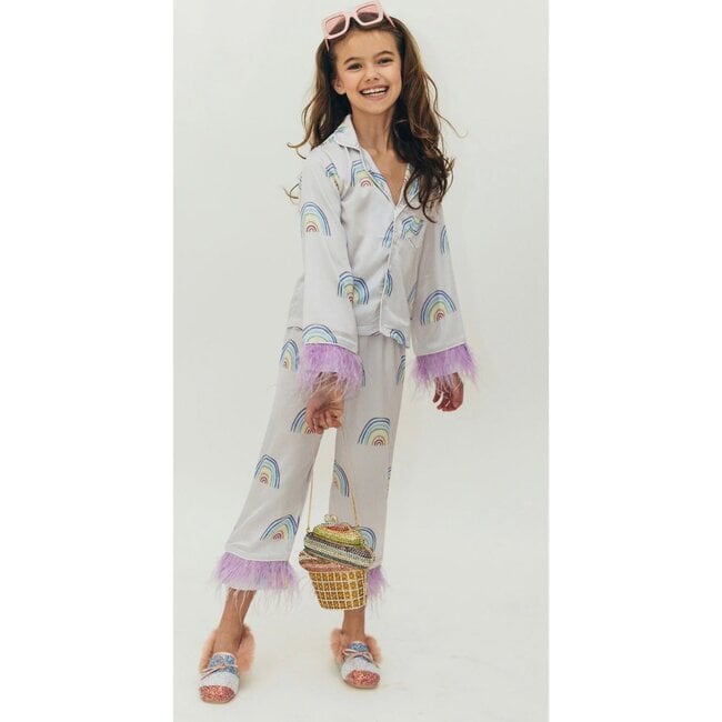 Rainbow Feather Trims Silk Pajama Set, White - Loungewear - 2